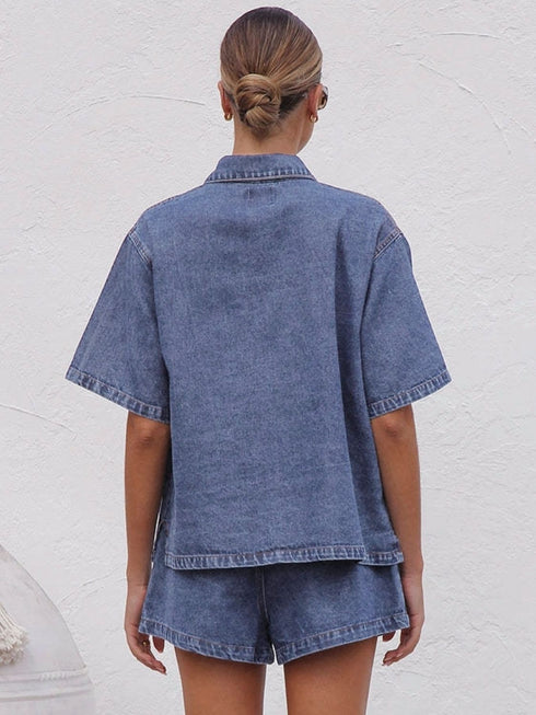 'Elowen' Button Up Denim Top & Shorts Set - Celes Fashion